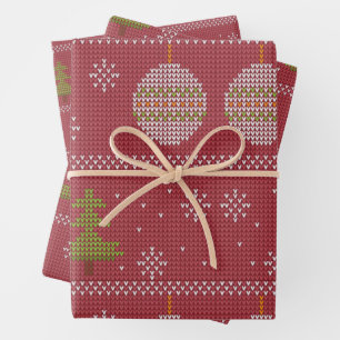 Feuille De Papier Cadeau Arbre de Noël et ornement tissé rouge