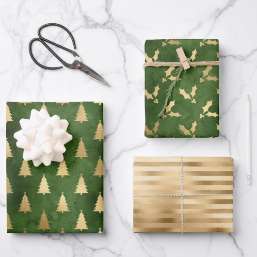 Feuille De Papier Cadeau Arbre de Noël Holly Motif Green Gold (Recto)