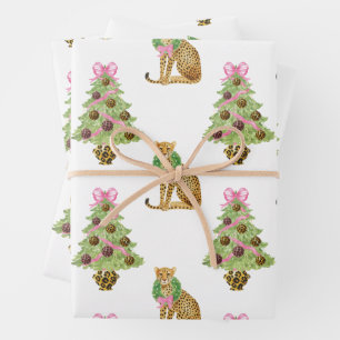 Feuille De Papier Cadeau Arbre de Noël léopard Preppy aquarelle