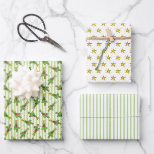 Feuille De Papier Cadeau Arbre de Noël Lumières Ornements Star Stripes