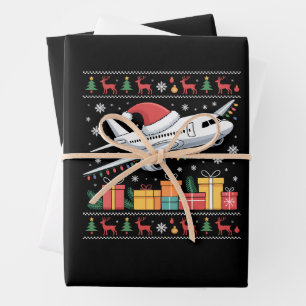 Feuille De Papier Cadeau Arbre de Noël lumineux drôle Santa avion moche