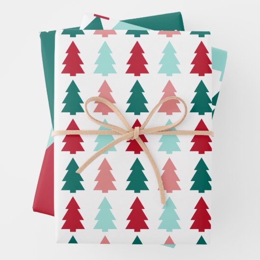 Feuille De Papier Cadeau Arbre de Noël moderne, Turquoise, Aqua, Rouge (En situation)