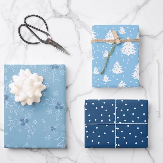 Feuille De Papier Cadeau Arbre de Noël Motif bleu blanc (Recto)