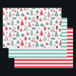 Feuille De Papier Cadeau Arbre de Noël Motif et rayures | Moderne<br><div class="desc">Enveloppez vos cadeaux de vacances dans un style joyeux avec ce joli papier d'emballage de Noël. Le design festif est composé d'un motif ludique d'arbres, d'ornements, de flocons de neige et de cadeaux en rose, rouge et turquoise, jumelé à des draps rayés coordonnés pour un look amusant mélange et match....</div>