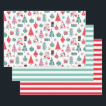 Feuille De Papier Cadeau Arbre de Noël Motif et rayures | Moderne<br><div class="desc">Enveloppez vos cadeaux de vacances dans un style joyeux avec ce joli papier d'emballage de Noël. Le design festif est composé d'un motif ludique d'arbres, d'ornements, de flocons de neige et de cadeaux en rose, rouge et turquoise, jumelé à des draps rayés coordonnés pour un look amusant mélange et match....</div>