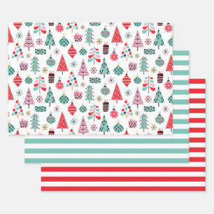 Feuille De Papier Cadeau Arbre de Noël. Motif moderne bleu, rouge et rose