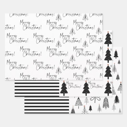 Feuille De Papier Cadeau Arbre de Noël noir et blanc (Lot)