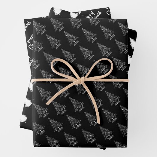 Feuille De Papier Cadeau Arbre de Noël noir et blanc élégant (En situation)