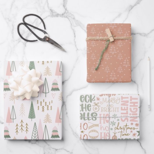 Feuille De Papier Cadeau Arbre de Noël Pink Sage Green Boho (Recto)