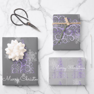Feuille De Papier Cadeau Arbre de Noël pourpre et flocons de neige