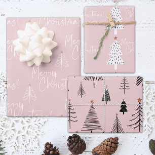 Feuille De Papier Cadeau Arbre de Noël rose et blanc
