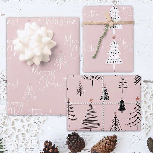 Feuille De Papier Cadeau Arbre de Noël rose et blanc