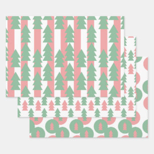 Feuille De Papier Cadeau Arbre de Noël rose rayures et pointes ornements