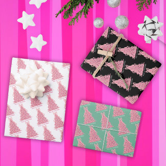 Feuille De Papier Cadeau Arbre de Noël Rose Ruban Rose