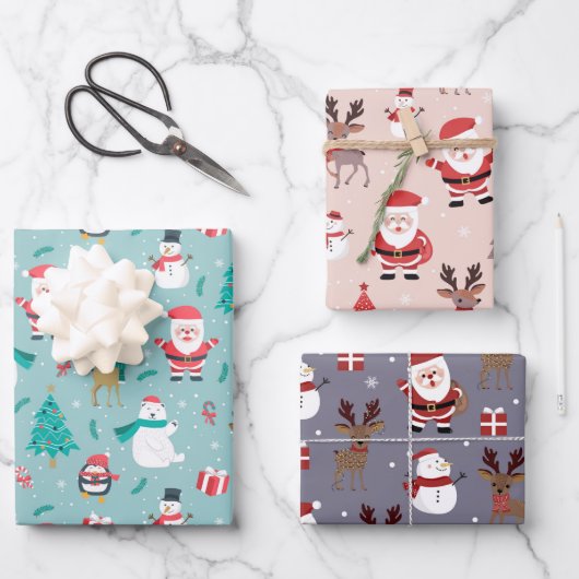 Feuille De Papier Cadeau Arbre de Noël Santa Claus Reindeer Snowman Bleu (Recto)