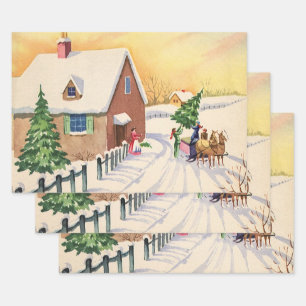 Feuille De Papier Cadeau Arbre de Noël Vintage sur une route hivernale enne