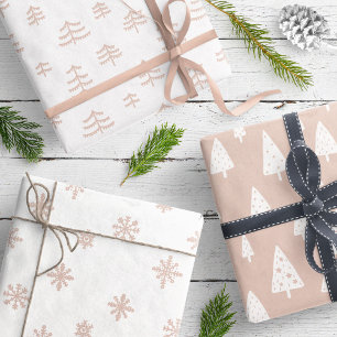 Feuille De Papier Cadeau Arbres de Noël beige et blanc modernes Snowflakes