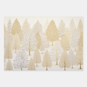 Feuille De Papier Cadeau Arbres de Noël blancs en argent d'or