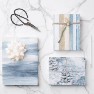 Feuille De Papier Cadeau Arbres de Noël bleu beige crème Hiver