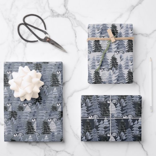 Feuille De Papier Cadeau Arbres de Noël bleu foncé et gris (Recto)