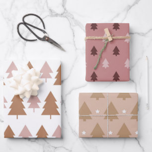 Feuille De Papier Cadeau Arbres de Noël Bohème Rose Marron Blanc Fêtes  