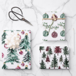 Feuille De Papier Cadeau Arbres de Noël Bourgogne verte