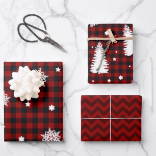 Feuille De Papier Cadeau Arbres de Noël Chevron Rouge Noir Plaid
