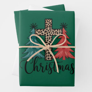 Feuille De Papier Cadeau Arbres de Noël chrétiens croix léopard 