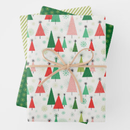 Feuille De Papier Cadeau Arbres de Noël du milieu du siècle Vert et Rouge