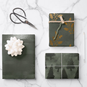 Feuille De Papier Cadeau Arbres de Noël élégants de luxe verts et dorés