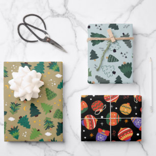 Feuille De Papier Cadeau Arbres de Noël et ornements Jeu de 3 Vacances