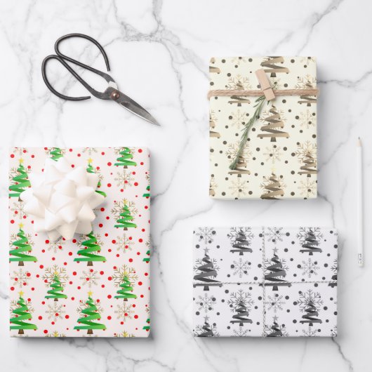 Feuille De Papier Cadeau Arbres de Noël et Snowflakes d'or, Sepia, Grey (Recto)