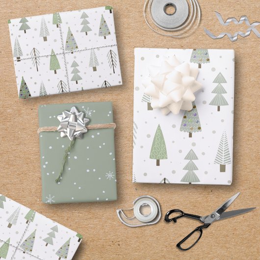 Feuille De Papier Cadeau Arbres de Noël modernes Sage Vert Motif d'olive