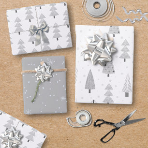 Feuille De Papier Cadeau Arbres de Noël modernes Silver Grey Motif Trio