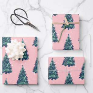 Feuille De Papier Cadeau Arbres de Noël modernes simples et verts neigeux r