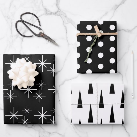 Feuille De Papier Cadeau Arbres de Noël modernes Snowflakes Black White (Recto)