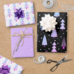 Feuille De Papier Cadeau Arbres de Noël modernes violet rose Motif noir