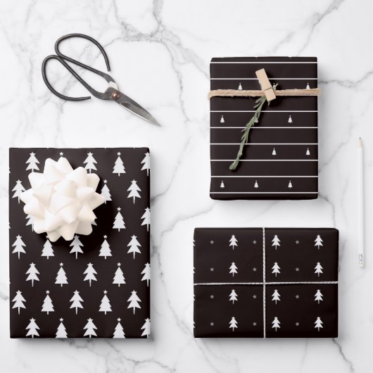 Feuille De Papier Cadeau Arbres de Noël noir blanc élégant (Recto)
