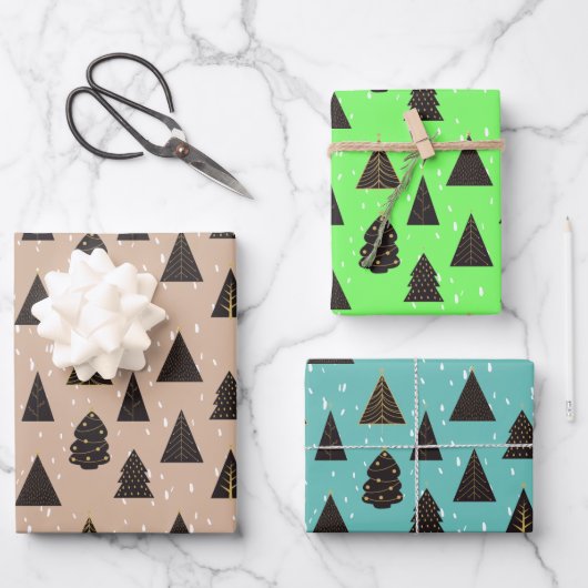 Feuille De Papier Cadeau Arbres de Noël Noir & Or, Neige (Recto)