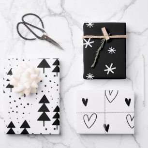 Feuille De Papier Cadeau Arbres de Noël noirs et blancs Snowflakes Coeurs