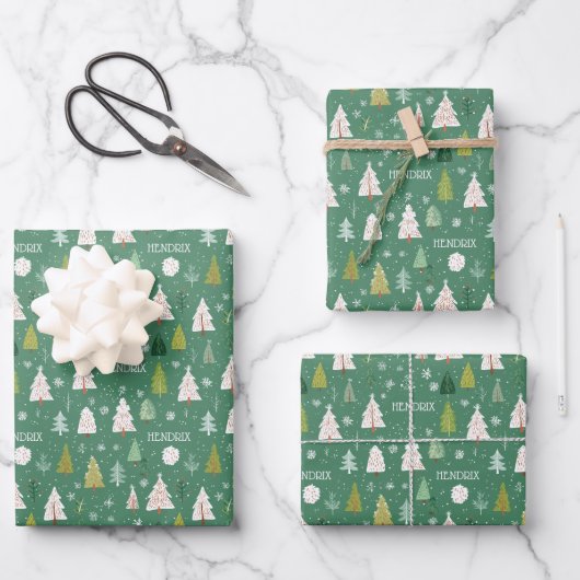 Feuille De Papier Cadeau Arbres de Noël Nom persistant Personnalisé (Recto)