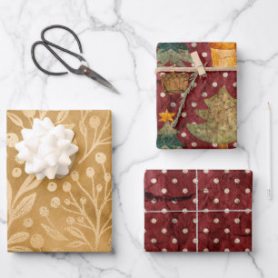 Feuille De Papier Cadeau Arbres de Noël Red Green Gold