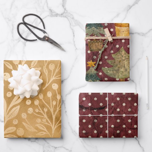 Feuille De Papier Cadeau Arbres de Noël Red Green Gold (Recto)