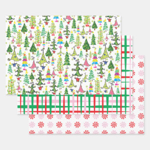 Feuille De Papier Cadeau Arbres de Noël rétro bonbons rose rouge Motif vert