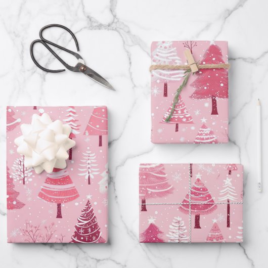 Feuille De Papier Cadeau Arbres de Noël rétro rose pâle (Recto)