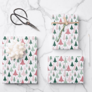 Feuille De Papier Cadeau Arbres de Noël Rose Vert Bohème Fêtes Saisonnières