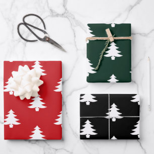 Feuille De Papier Cadeau Arbres de Noël rouge pin foncé vert noir blanc