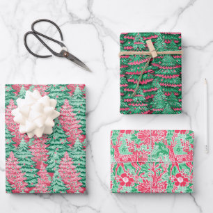 Feuille De Papier Cadeau Arbres de Noël rouges et verts de Preppy et rennes