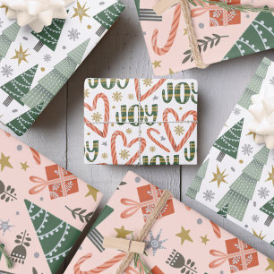 Feuille De Papier Cadeau Arbres de Noël, sucres de canne et cadeaux