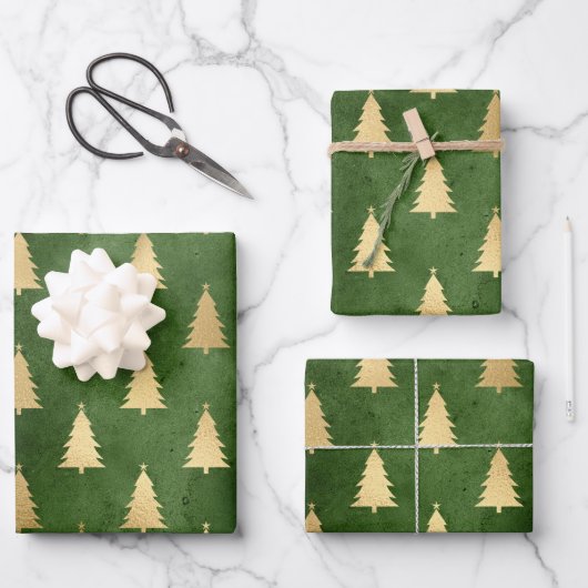 Feuille De Papier Cadeau Arbres de Noël vert foncé et or (Recto)